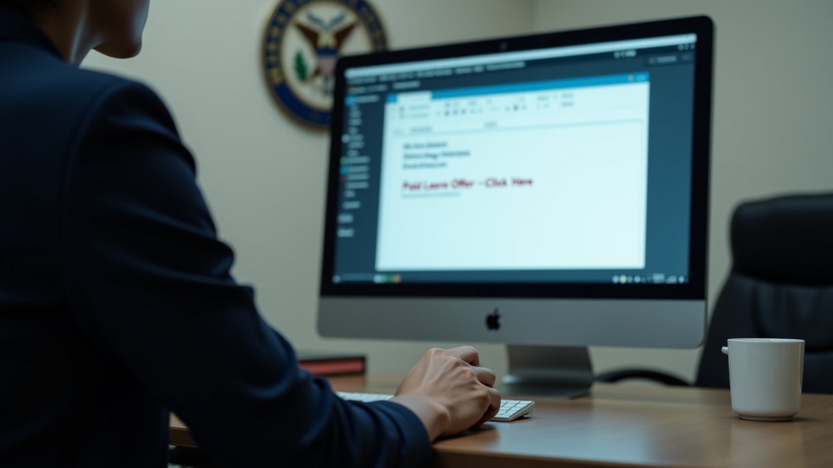 Phishing test backfires: employee hesitates over manipulative email in government office.