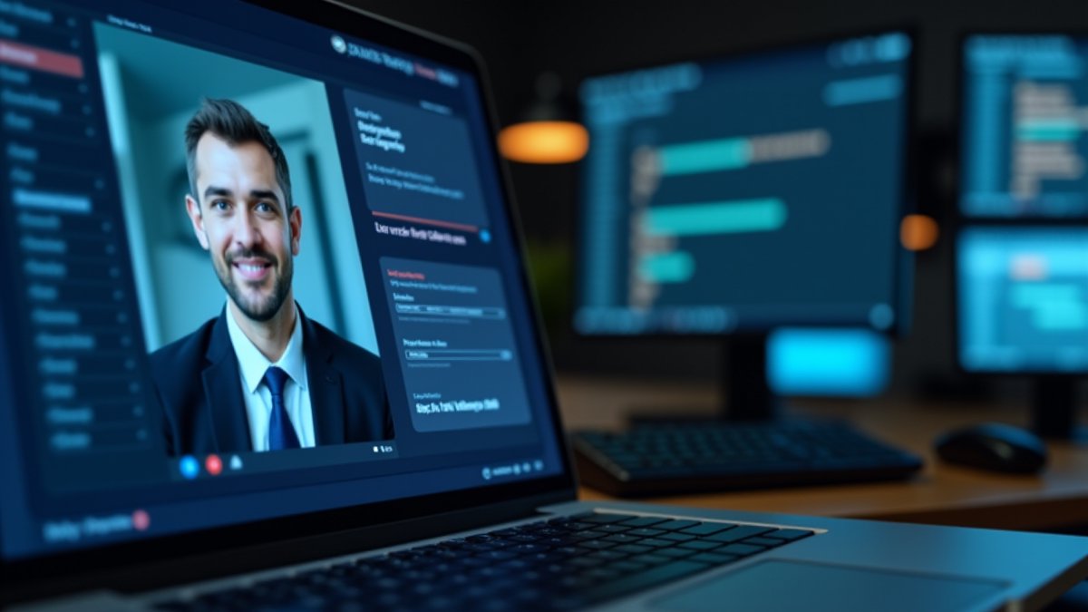AI deepfake social engineering attack simulation on a corporate laptop screen.