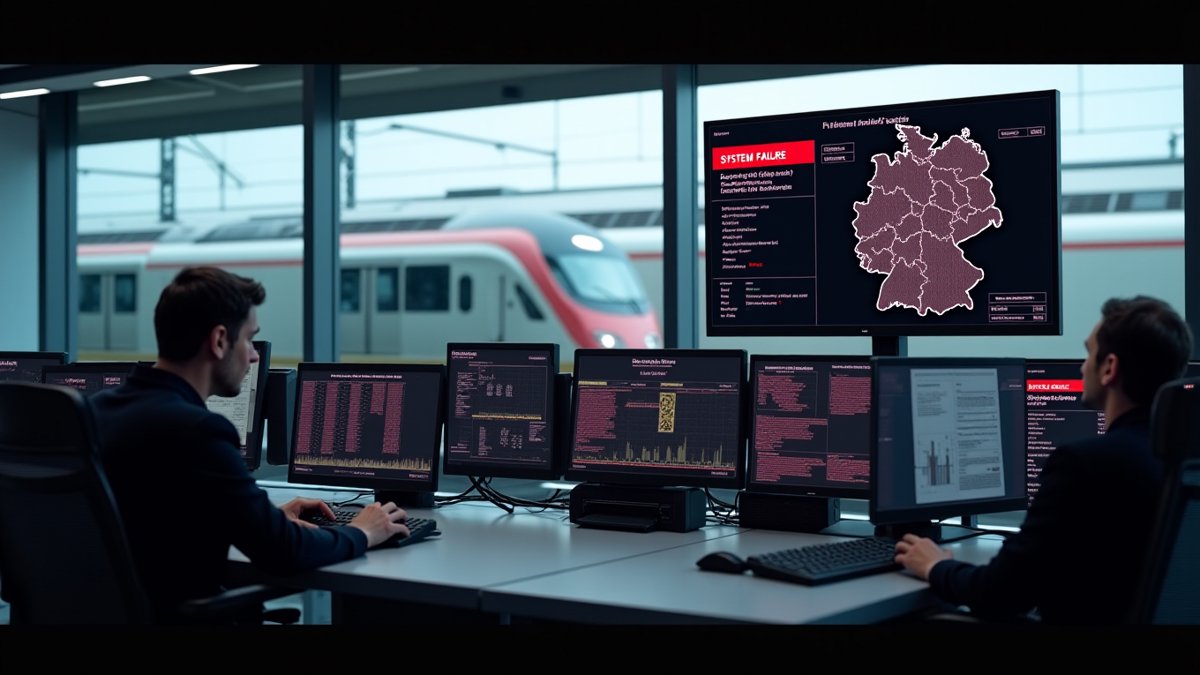 GSM-R failure halts all German trains; control center shows critical alert.