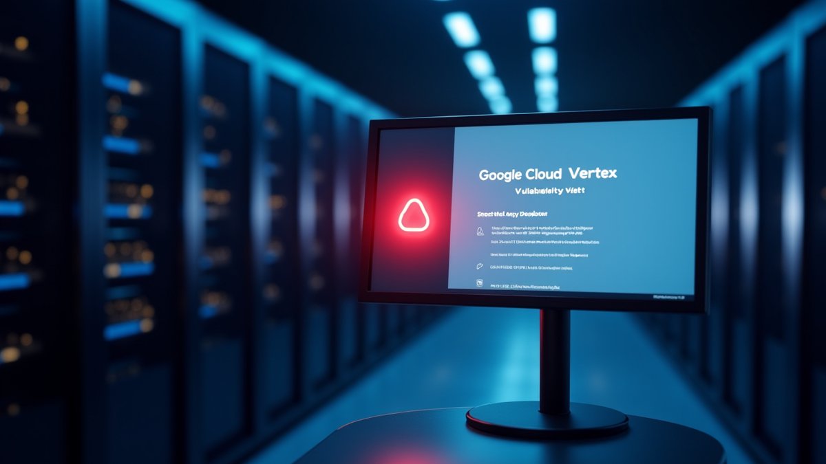 Google Cloud Vertex AI dashboard shows critical vulnerability alert in data center.