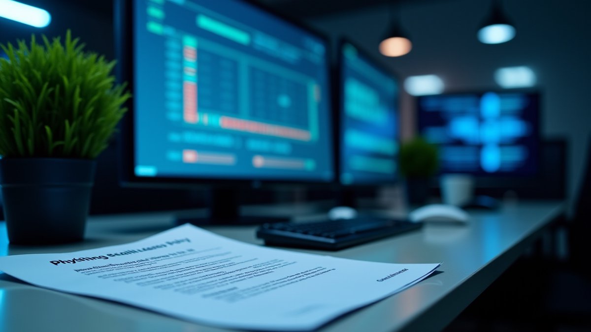 Proactive defense dashboard and phishing policy document on a desk.