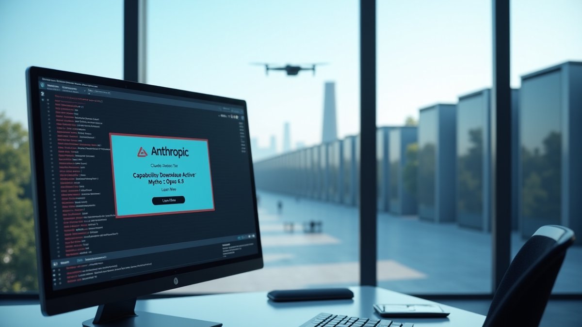 Claude Fable 5 hidden downgrade alert on screen; drone over data center