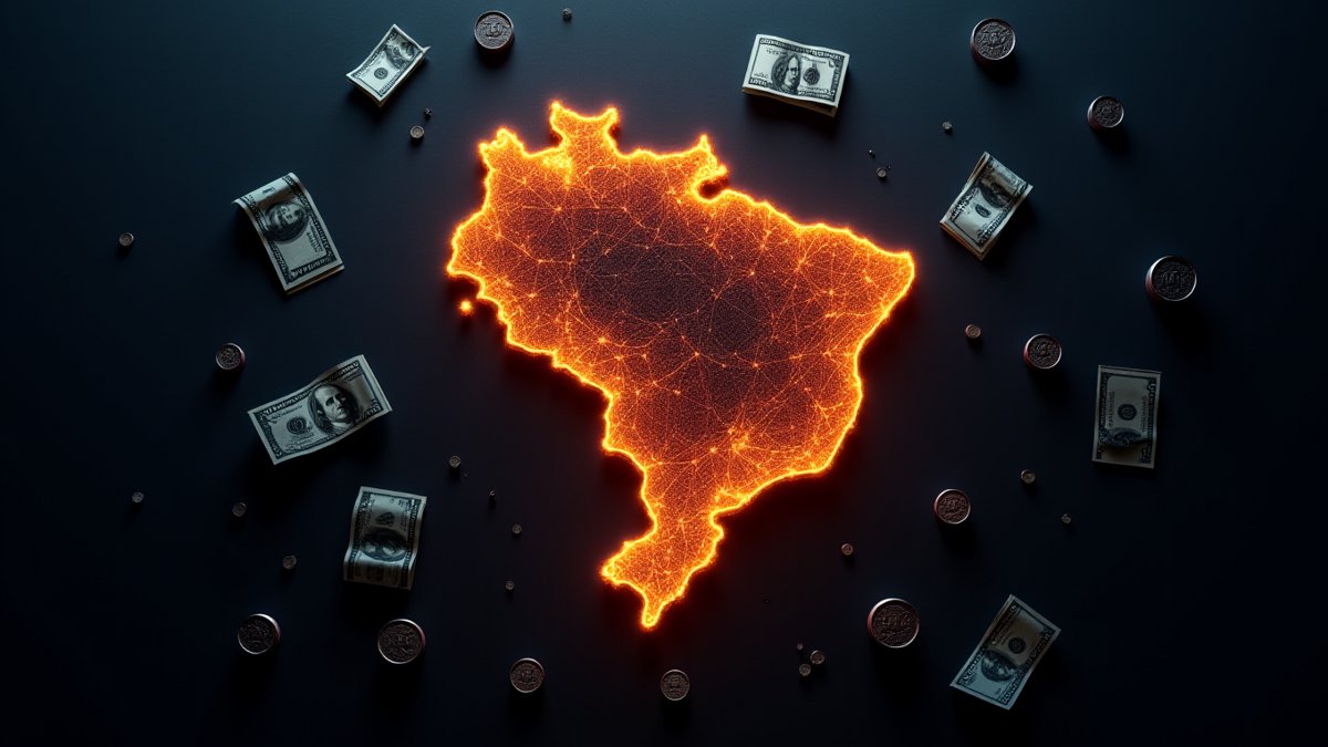 Brazil map with glowing transaction nodes and intertwined cash and crypto lines.