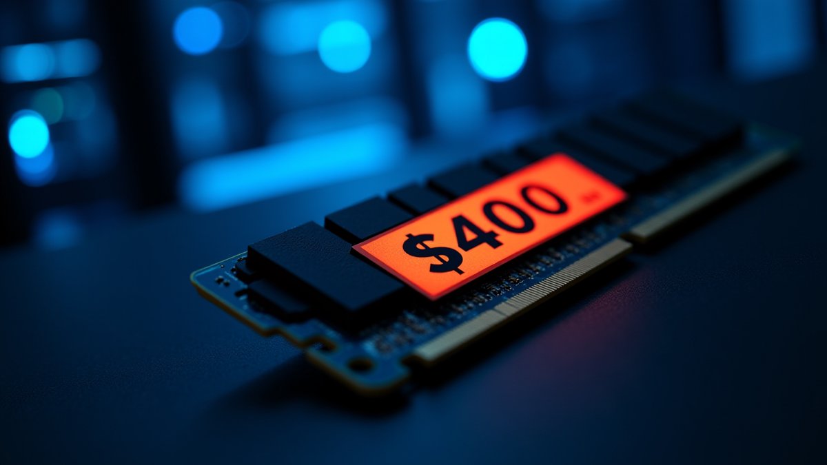 DDR5 RAM module with a $400 price tag, data center in background.