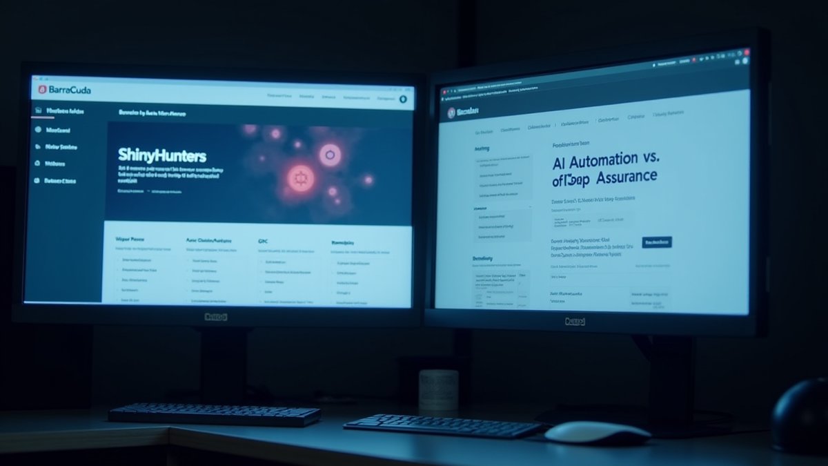 Barracuda ShinyHunters alert and AI GRC hype warning on dual monitors
