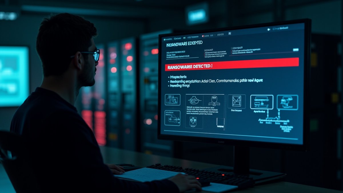 Ransomware alert on an industrial control panel in a legacy OT environment.