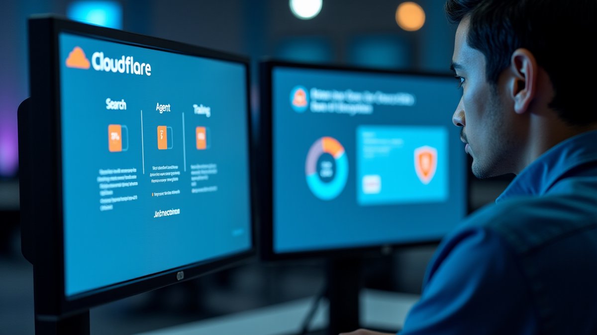 Cloudflare dashboard shows 52% AI crawler traffic; Proton Lumo 2.0 privacy interface visible.