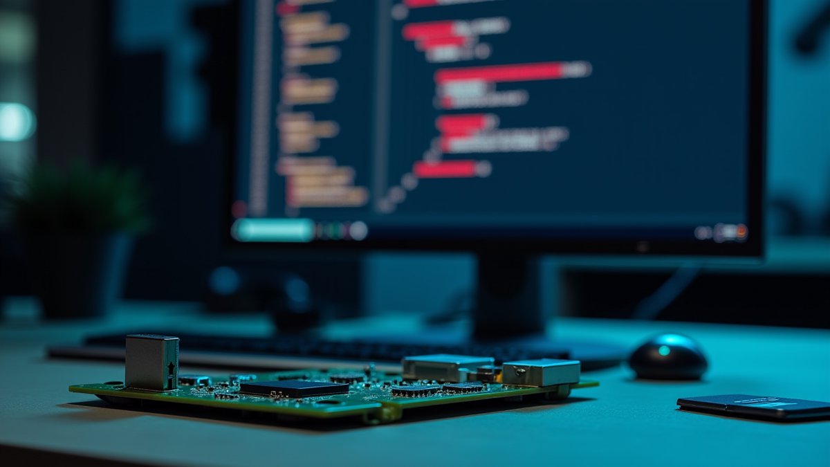 FatFs library code with red vulnerability highlights next to an embedded device board.