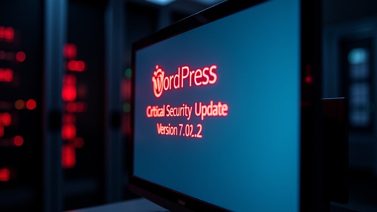WordPress admin dashboard showing critical RCE patch alert with server background