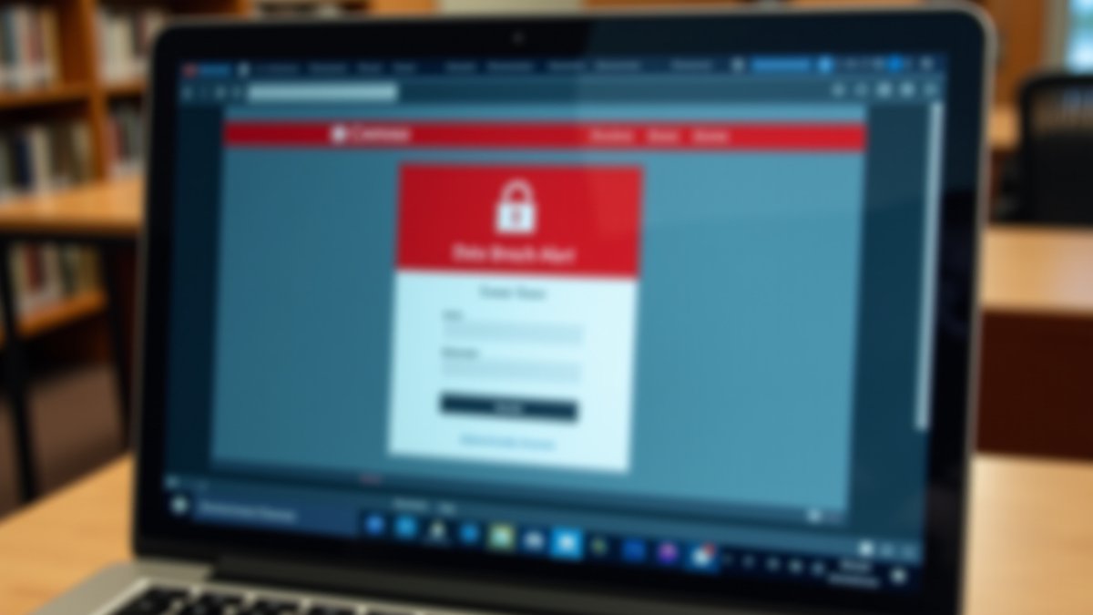 Canvas LMS breach alert on a laptop in an empty classroom.