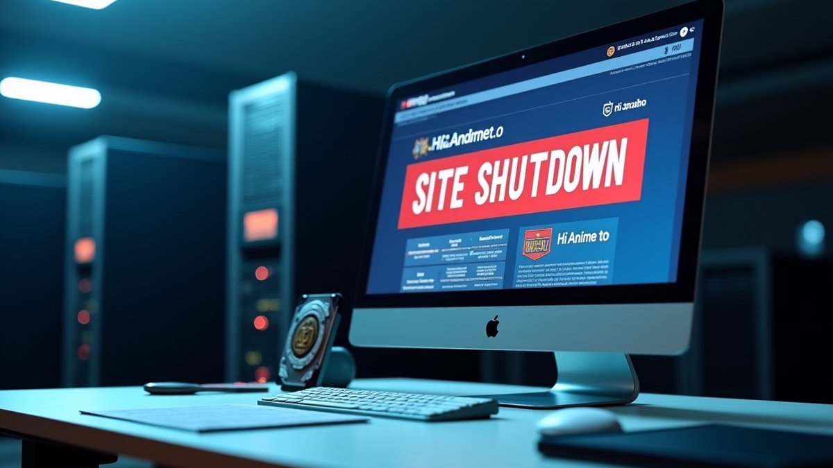 HiAnime shutdown: police badge, seized servers, and shutdown notice on screen.