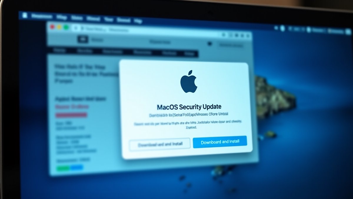 Fake Apple security update dialog on macOS desktop, warning of credential theft.