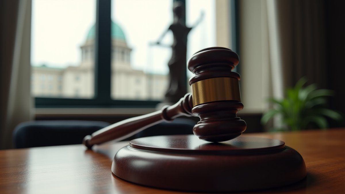 Federal judge's gavel poised over a courthouse scene, symbolizing the legal challenge to the Pentagon's blacklisting of AI firm Anthropic.