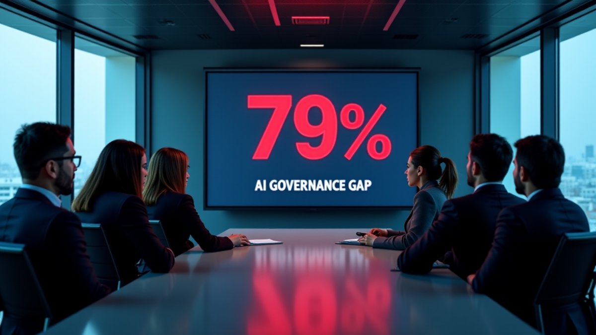 A boardroom confronts a stark red '79%' statistic, highlighting the critical lack of AI governance in modern enterprises.