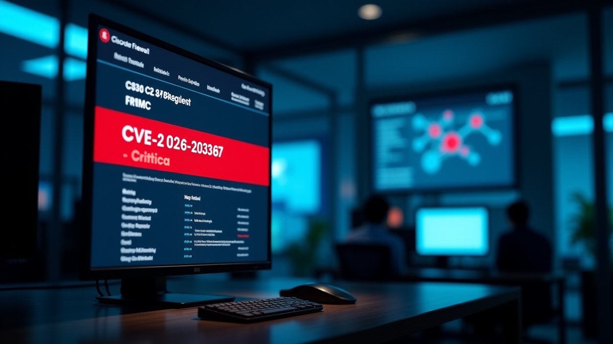 Cisco FMC critical vulnerability alert on a professional dashboard in an enterprise NOC, emphasizing active exploitation.