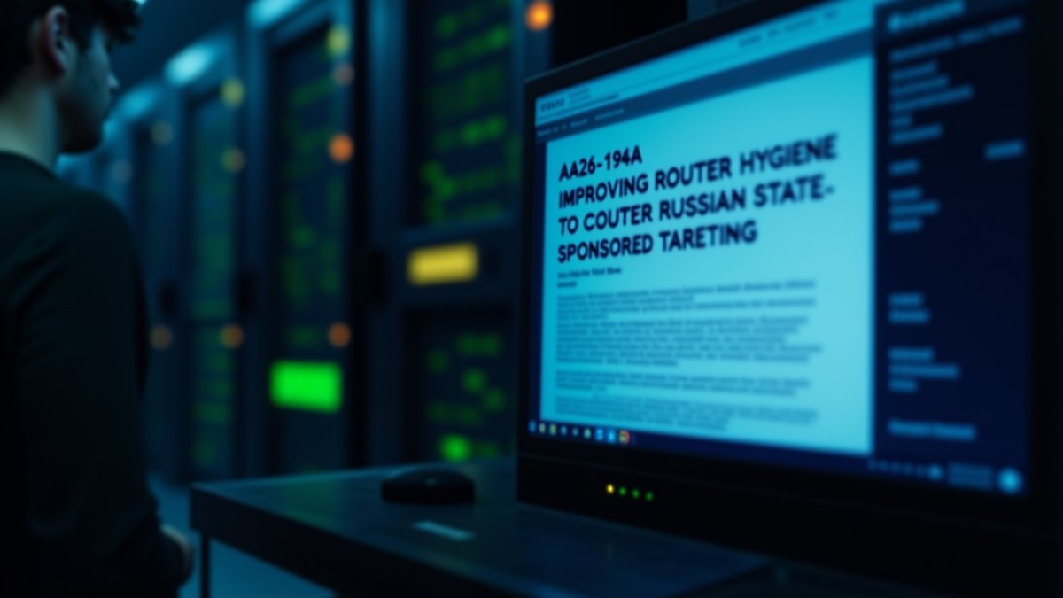 CISA warns of Russian router attacks; advisory on screen with hardware.