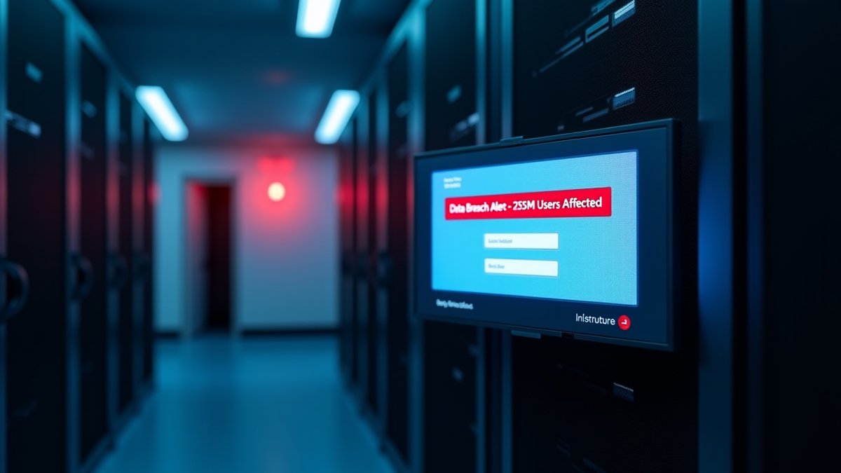 Canvas breach alert on server monitor with Instructure branding