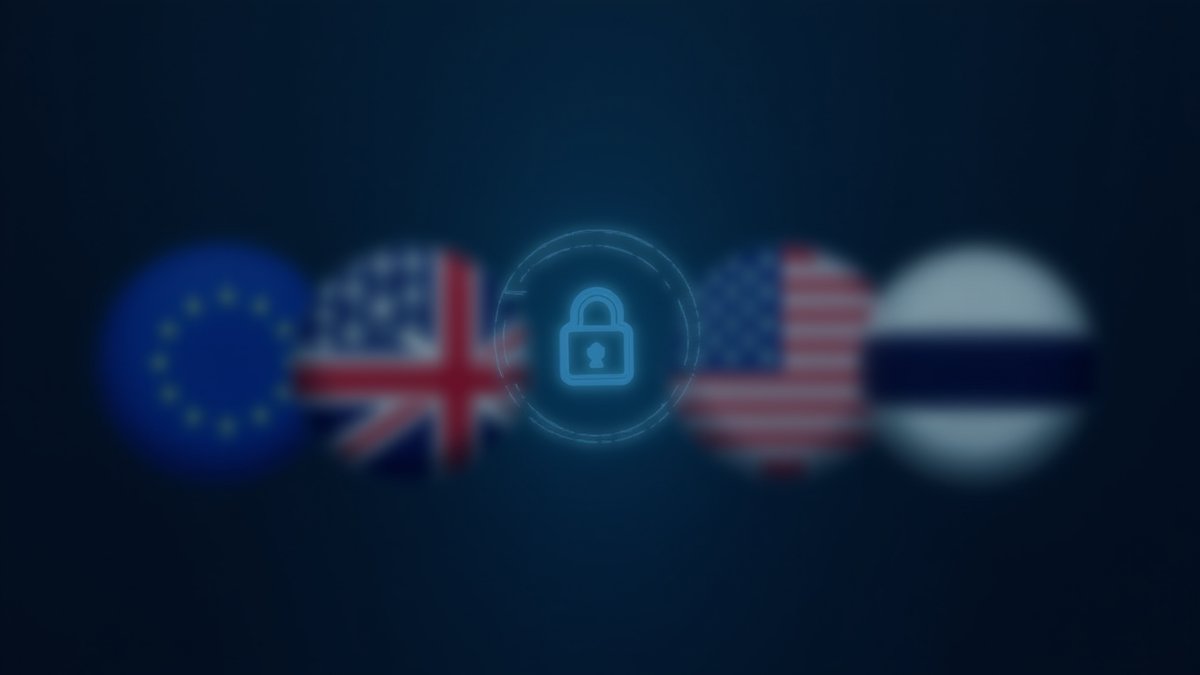 Flags of EU, UK, US, Estonia with a digital shield symbolizing new AI cyber policies.