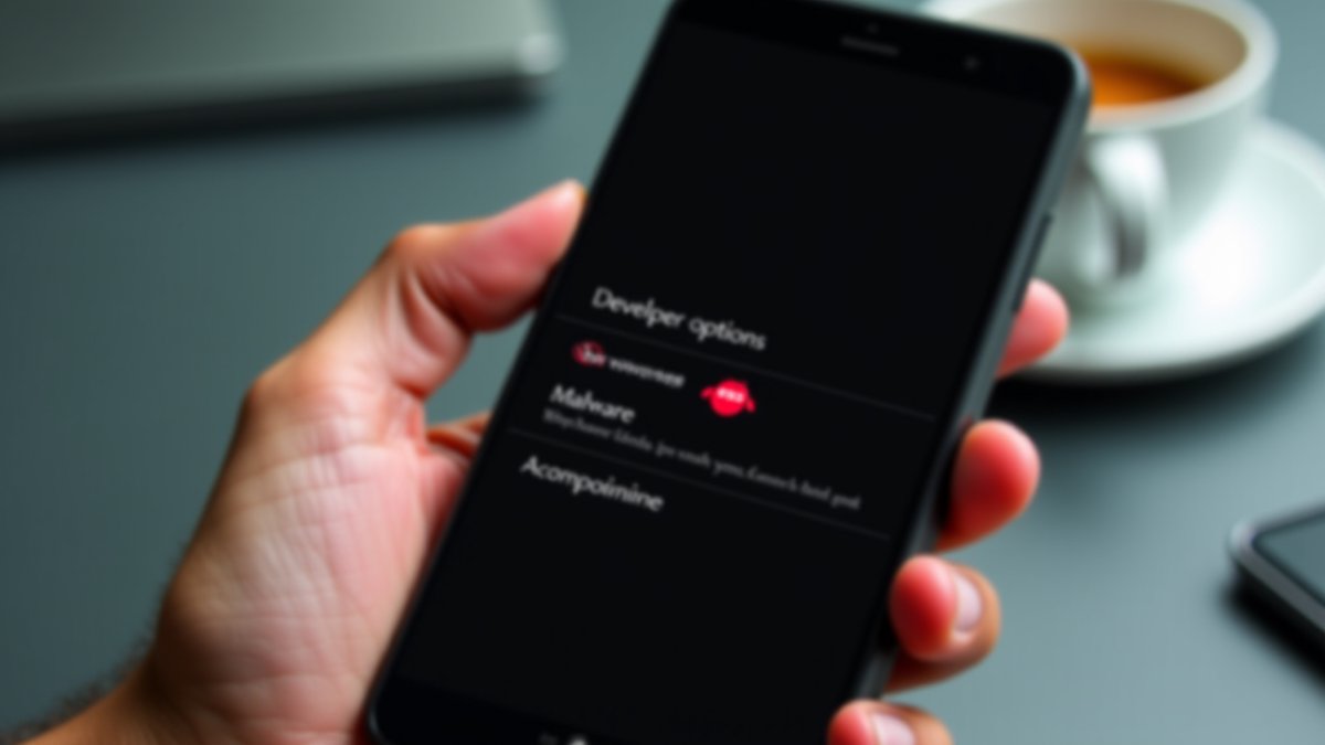 Android phone with Wireless ADB enabled and RedHook malware alert overlay.