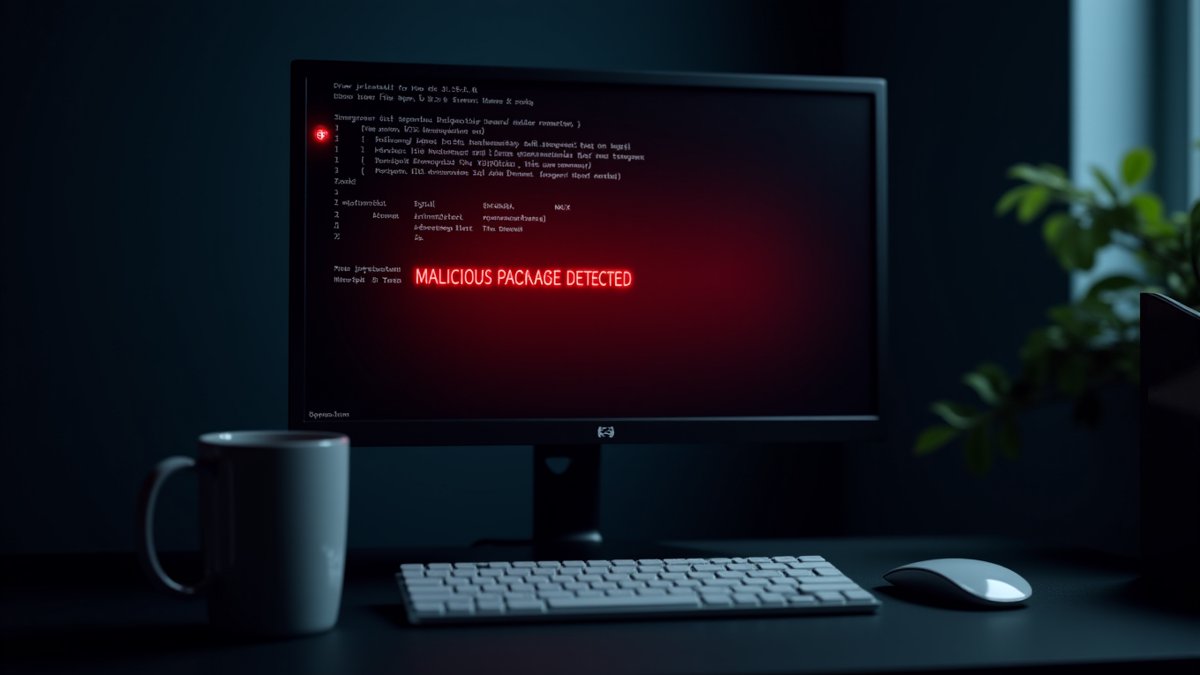 Jscrambler npm package 8.14.0 drops infostealer; developer terminal shows alert.
