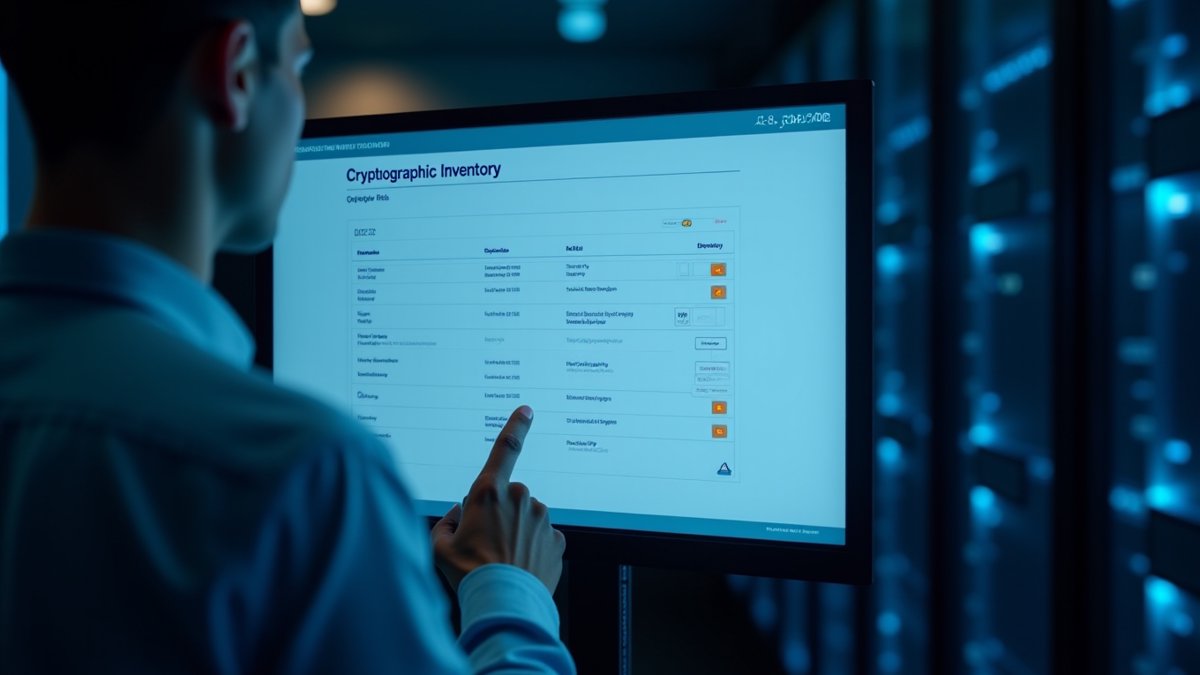 A tech leader reviews a cryptographic inventory dashboard to plan for quantum readiness.