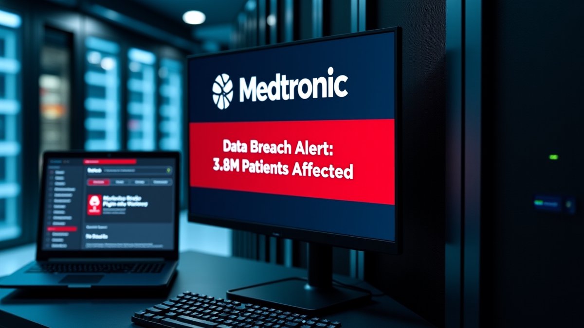 Medtronic breach alert and WordPress plugin vulnerability warning on servers.