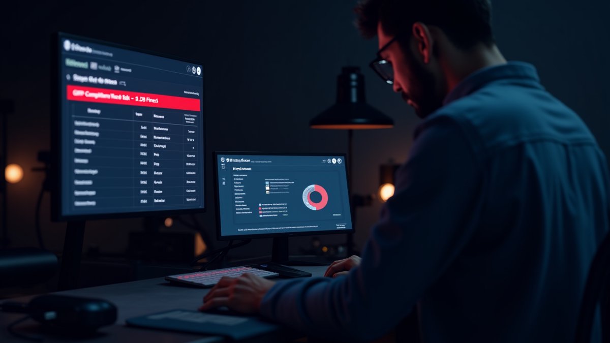 IT asset management dashboard with GDPR fine alert and automation gap, reflecting compliance and AI adoption challenges.
