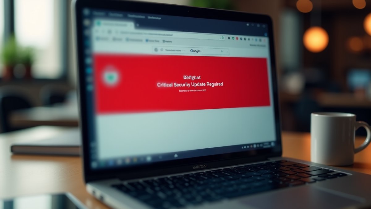 Chrome RCE vulnerability alert on a laptop screen in a professional setting.