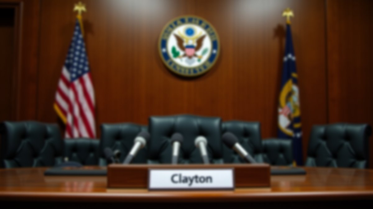Senate hearing room with Clayton nameplate, empty chair, committee seal