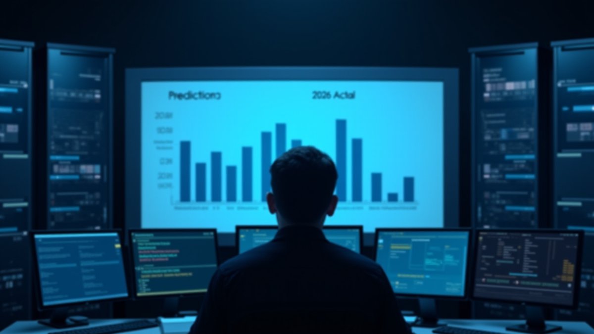 IT professional reviewing a chart showing AI adoption falling short of 2024 predictions in 2026.