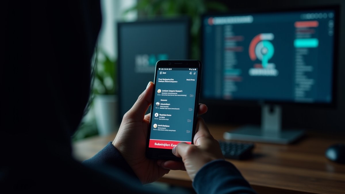 An Android phone displays a BTMOB RAT control panel, with a blurred underground forum in the background, illustrating the malware's gray market.