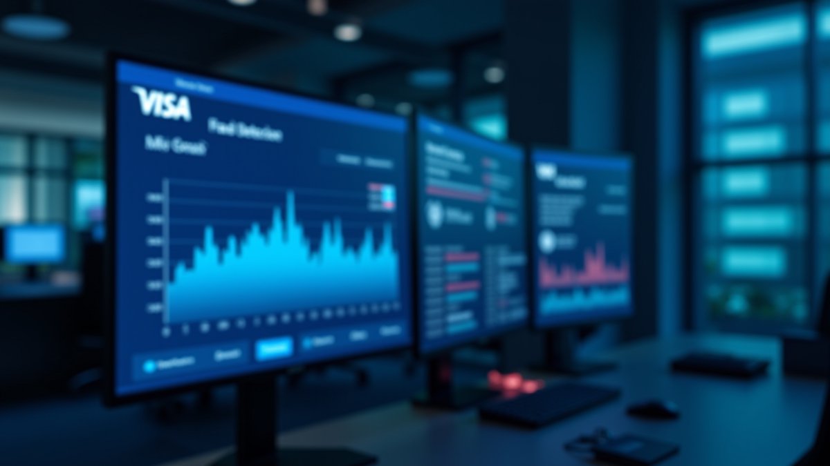 Visa's $2.4B BioCatch acquisition, visualized as a corporate fraud dashboard with a prominent Visa logo.