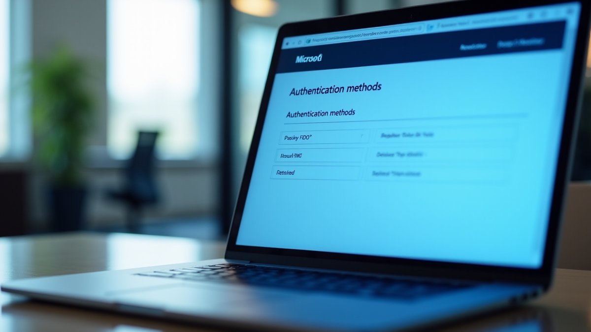 Microsoft Entra ID admin console shows passkeys set as default, with SMS and voice retired.