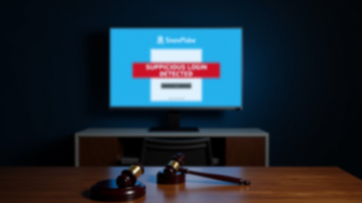 Legal gavel in foreground, Snowflake login screen with a security alert in the background, representing the guilty plea and data breach risk.
