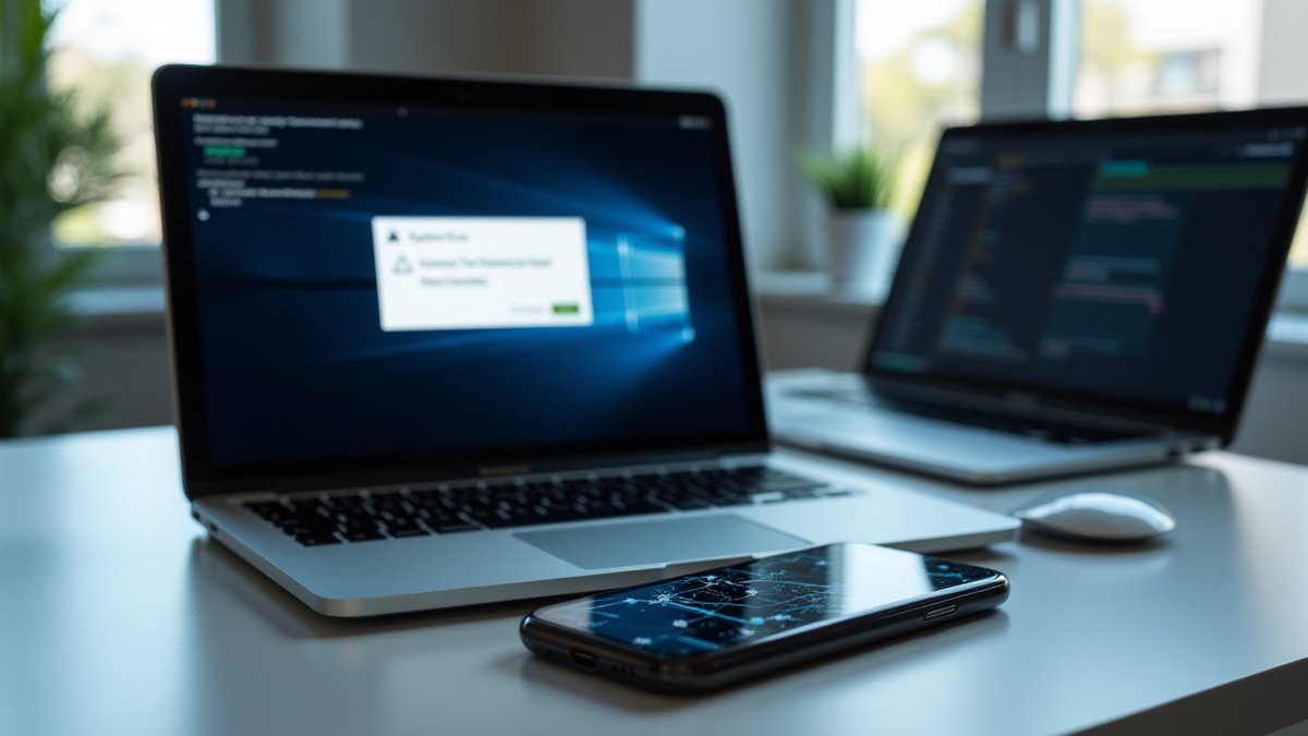 MacBook shows fake error and terminal, with blockchain phone in foreground, illustrating ClickFix and C2 evasion.