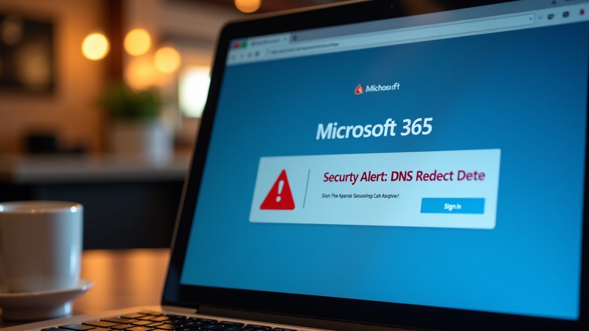 Microsoft 365 login screen with captive portal DNS redirect warning, highlighting Midnight Blizzard phishing threat.