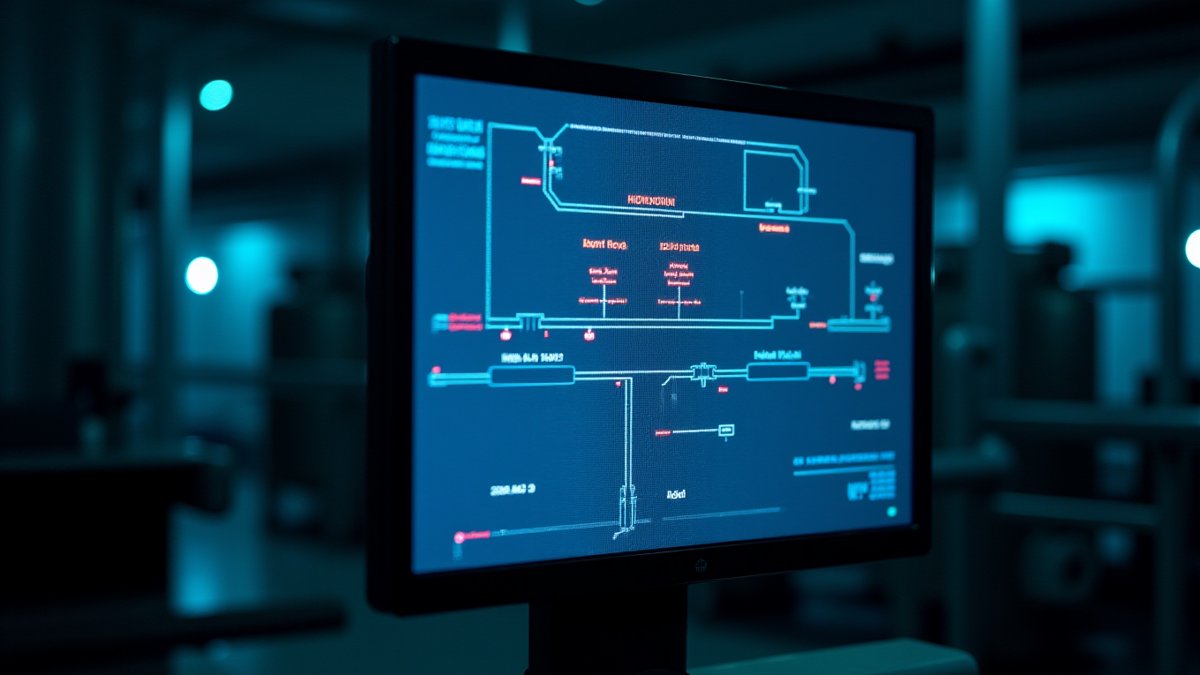 Water facility control room HMI shows red alarms, representing coordinated cyberattacks on US water systems.