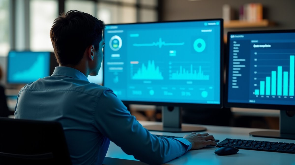 Public health professional using AI dashboard with OpenAI and Anthropic branding in modern office setting.