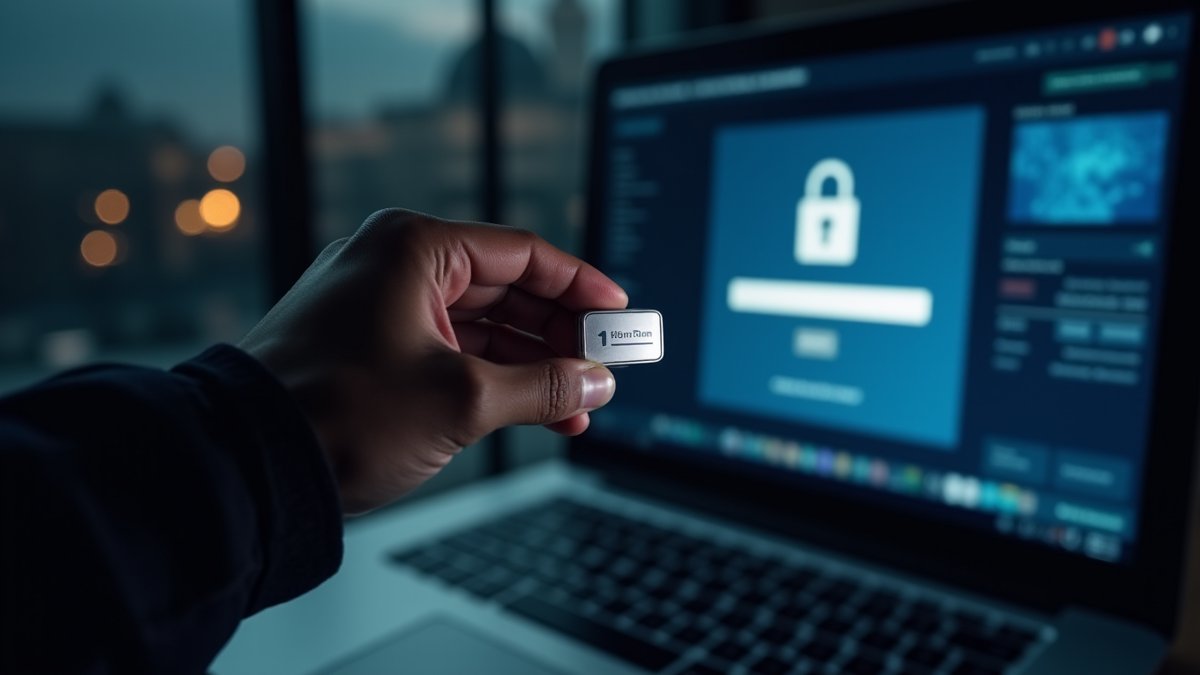 A hand uses a FIDO2 security key to log in, representing the push for phishing-resistant MFA across banking, government, and healthcare.