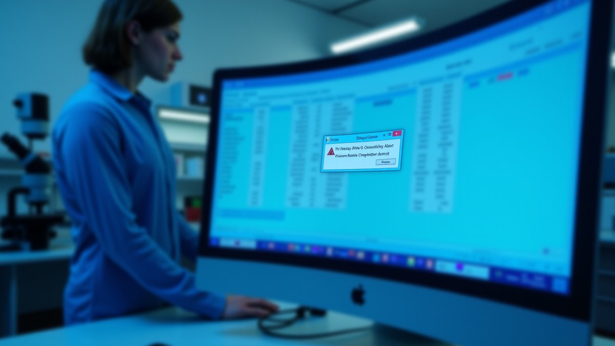 Forensic DNA software vulnerability alert on an Applied Biosystems screen in a lab.