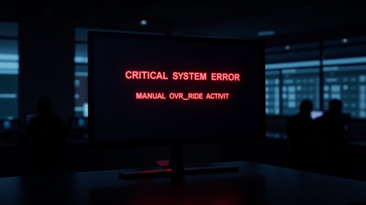 Port control room shows critical system error after cyber intrusion forces manual operations.