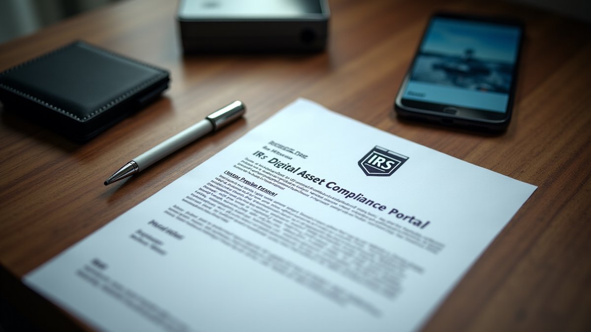 Fraudulent IRS letter demanding crypto compliance sits beside a hardware wallet, illustrating the phishing threat.
