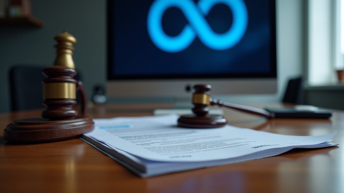 Meta's $567M fine for child safety failures, represented by a gavel and legal documents.