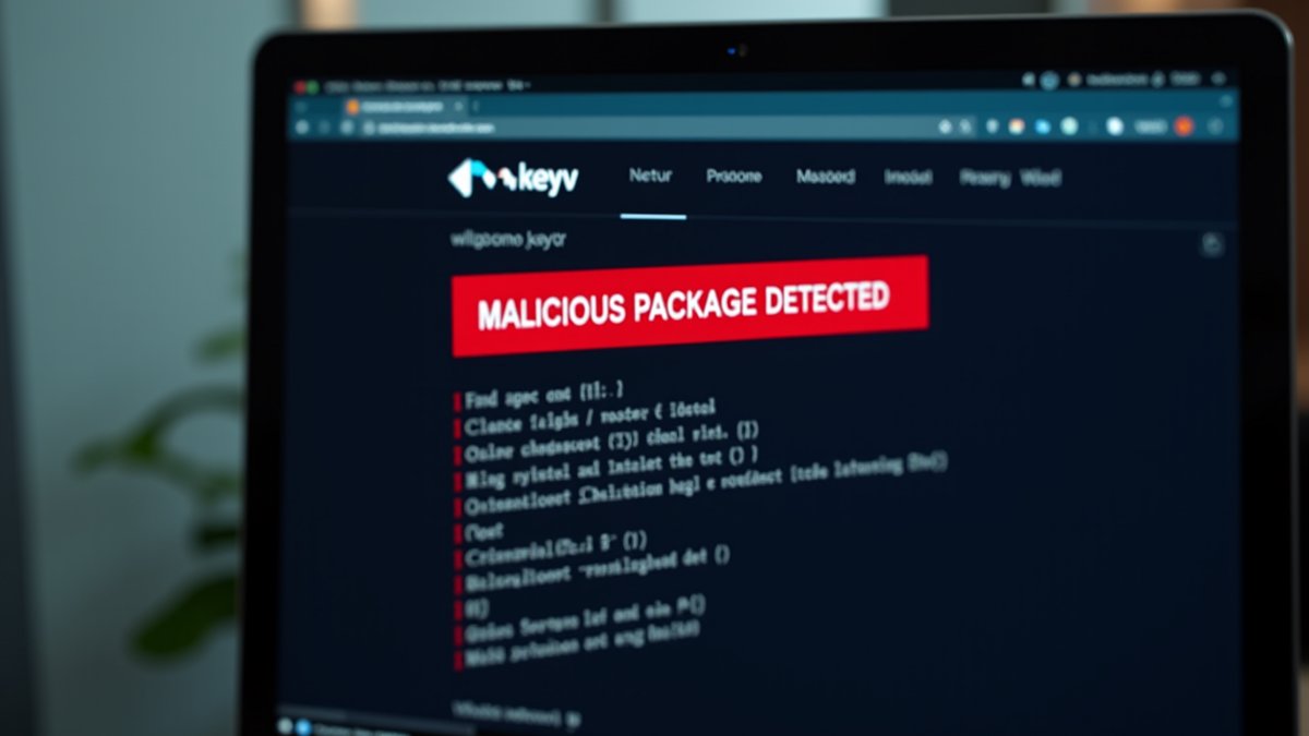 npm registry shows 'keyv' package flagged as malicious with terminal warning about credential theft