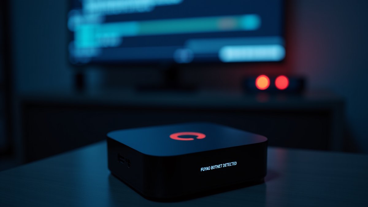 A close-up of an Android TV box displaying a Fuyao botnet alert in a living room.