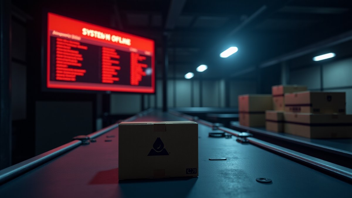 Ceva Logistics warehouse halted with red 'SYSTEM OFFLINE' board, Steam Deck box stranded on conveyor belt.