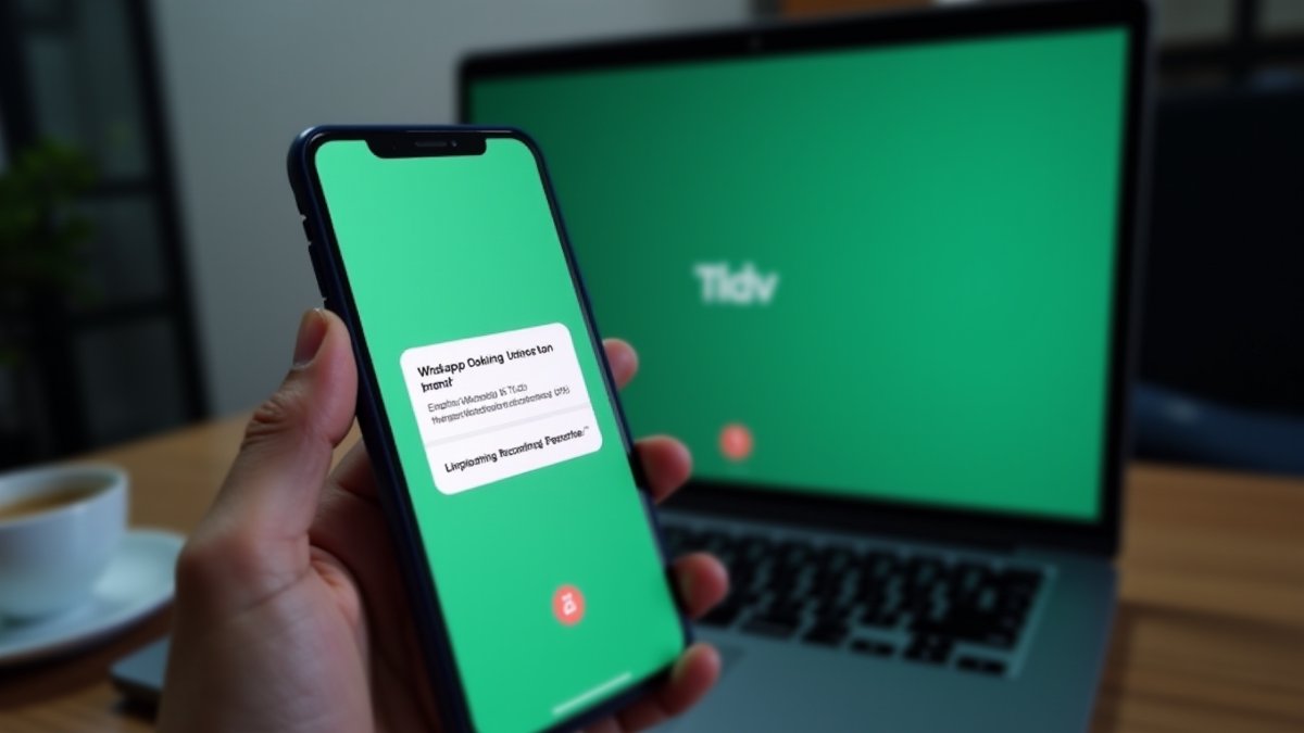 A smartphone shows a WhatsApp voting scam link, with a blurred laptop displaying a tl;dv meeting in the background.