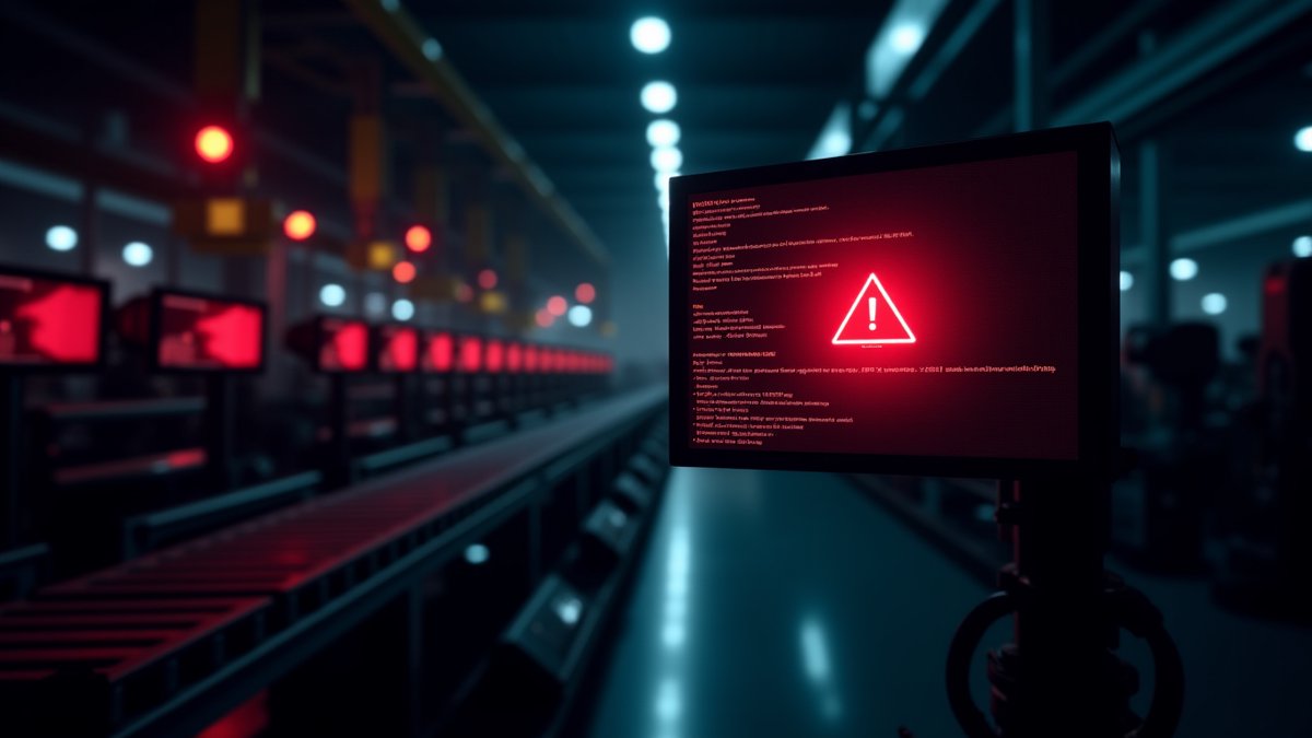 Ransomware halts manufacturing production lines, disrupting OT systems and supply chains.