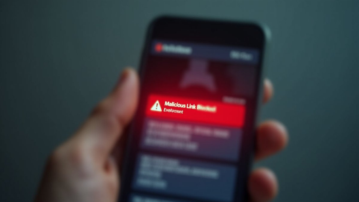 TikTok app on a phone displays a blocked malicious link warning, illustrating the scam risk from adult searches and follower-buying.