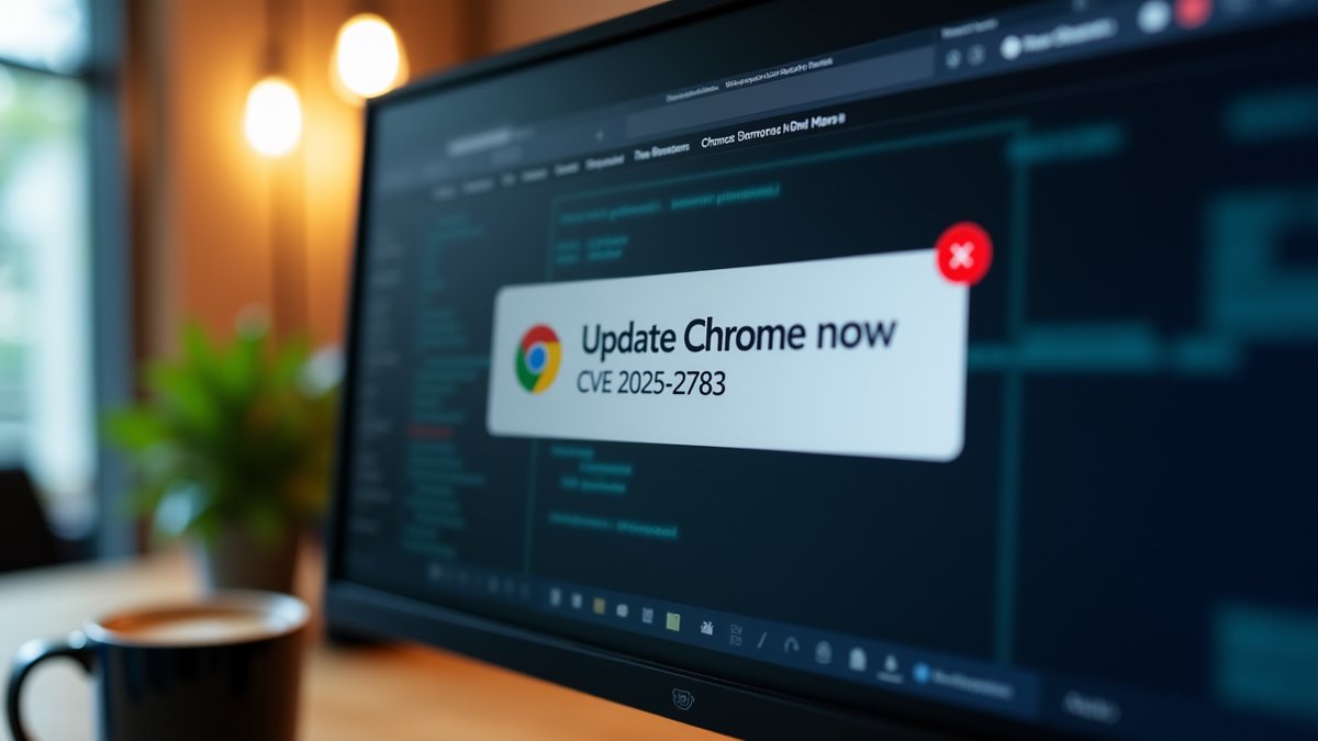 Chrome browser with urgent update alert for CVE-2025-2783, emphasizing immediate patching.